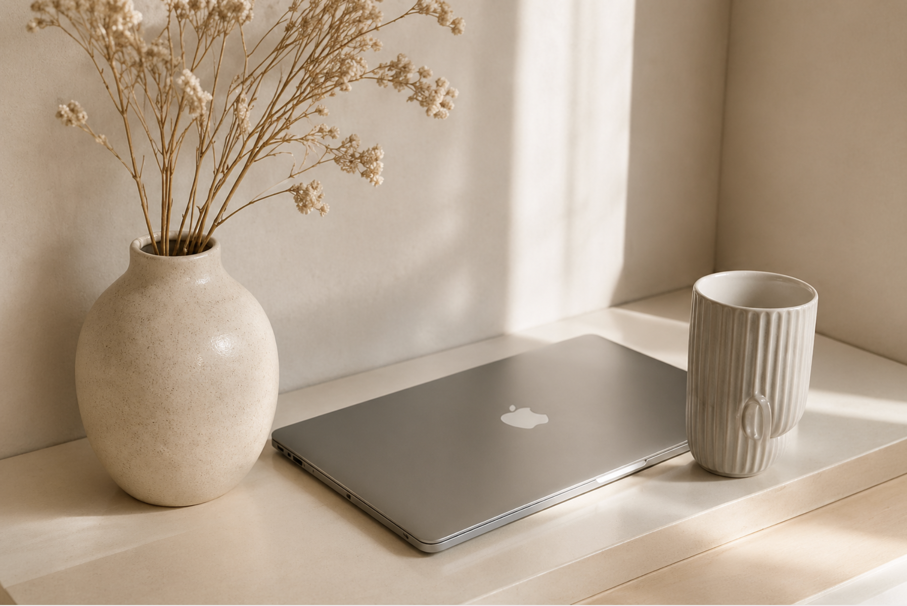 Minimalistisk arbejdsbord med laptop, vase og varm belysning